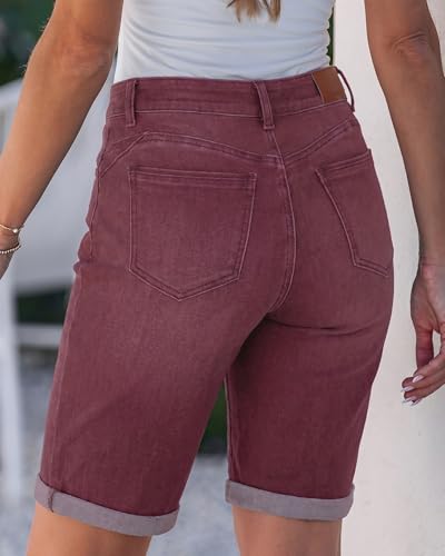 Image of luvamia Bermuda Jean Shorts Women High Rise Stretchy Cuffed Hem Denim Jorts