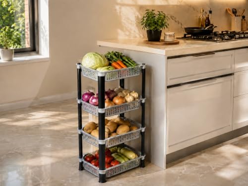 Image of KITCHIVO Multipurpose Storage Organizer Slim Rack Shelf with Wheels for Living Room, Office, Bedroom, Bathroom, Kids Room, Kitchen Trolley (Grey, 4 Layer)