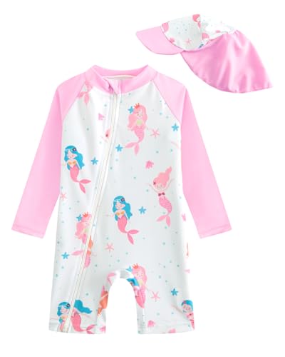 DivingBirds Baby Girl Long Sleeve Swimsuit with Sun Hat -...