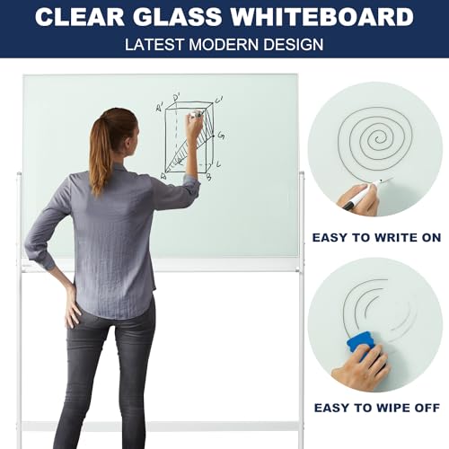 Image of TSJ-OFFICE Rolling Glass Whiteboard on Wheels - 48 inch x 32 inch Magnetic Mobile Dry Erase Board with Stand, Large Rolling White Board with 25 Sheets Paper Pad, Transparent Tempered Glass Board Office, Home