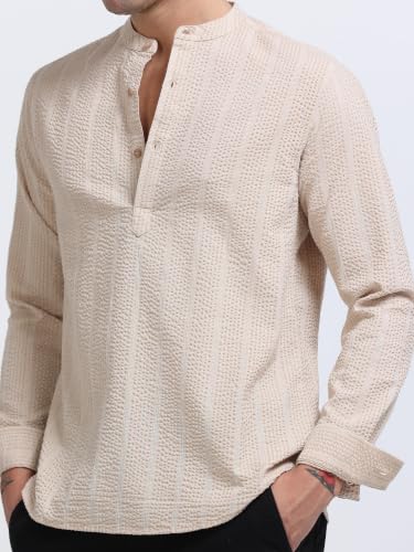 Image of StitchX Men's Seersucker Band Collar Pure Cotton Striped Kurta Shirt-S-2XL