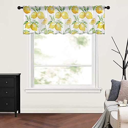 Meet 1998 Sheer Valance, Summer Fresh Lemon Fruit Valance Curtains For Kitchen Bathroom, Yellow Green Voile Window Curtain Tier Linen Semi Window Treatment Rod Pocket Valance, 1 Panel 54X18 Inch #TOP2