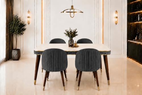 Image of WOODEN SPACE Majestic 4 Seater Wooden Dining Table Set | Urban Marble Top Dining Table with Chairs for Dining Room & Kitchen (Dark Grey Majestic Backline)