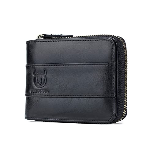 Genuine Leather RFID Blocking Wallet for Men,Cowhide Wallet Vintage Bifold Zipper Wallet Card Organizer Money Pouch 13 Credit Card Slots+2 Cash Pouch+1 ID Window,Black