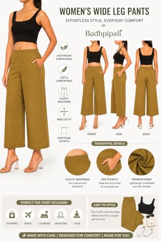 Image of Women Airy Linen Wide Leg Pants | High Waist Casual Summer Trousers | Lightweight Breathable Palazzo Pants BPWLCB01 PRT