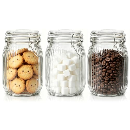 Image of ComSaf Ribbed Glass Storage Jars Airtight Lids 34oz 3 Pack Pantry Flour | BPA-free food-grade glass, ribbed texture, bulk flour & rice, pantry organization, kitchen canister set