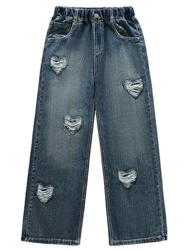 Kids Cowgirls Vintage Denim Pants Ripped Heart Jeans Elastic Waistband Weight-Legs Denim Tourser with Pockets3