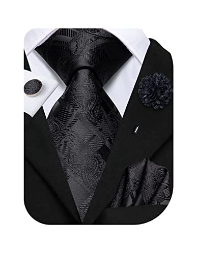 Hi-Tie Men's Wedding Tie Set and Pocket Square Jacquard Woven Silk Necktie Cufflinks With Lapel Pin for Party Prom,Black