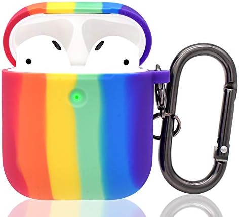 Silicone Rainbow Airpod Case Cover with Keychain for 1st and 2nd Generation Front LED Visible