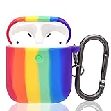 Silicone Rainbow Airpod Case Cover with Keychain for 1st and 2nd Generation Front LED Visible