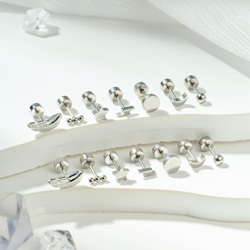 TOKRING 6-7 Pairs Flatback Stud Earrings Set 20G Stainless Steel Cartilage Earrings for Women Silver Ear Piercing Jewelry Threaded Screw Back Style3