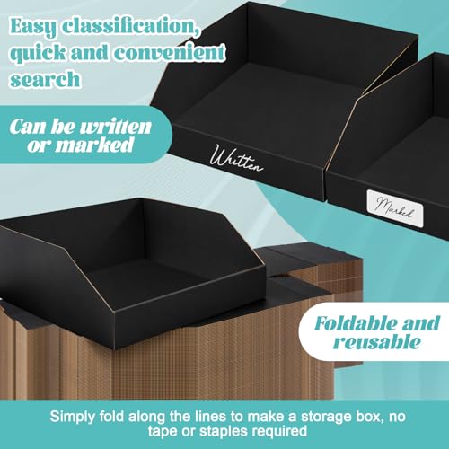 Image of Fuyoooo 30 Pack 12 x 10 x 4. 5 Inches Cardboard Storage Bins Open Top Bin Boxes Black Corrugated Shelf Organizer Bins for Pantry, Parts, Garage, Snacks, Bottles, Cans or Warehouse Home Cubby