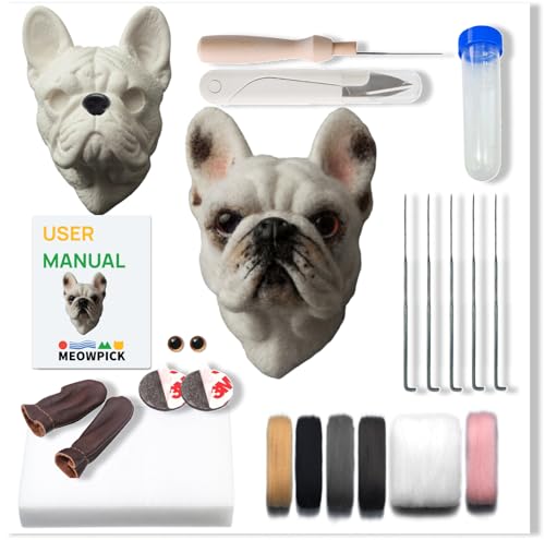 MeowPick Dog Head Needle Felting Kit with Upgraded Breed-Specific Mold - Complete DIY Wool Felting Starter Set for Beginners (French Bulldog)