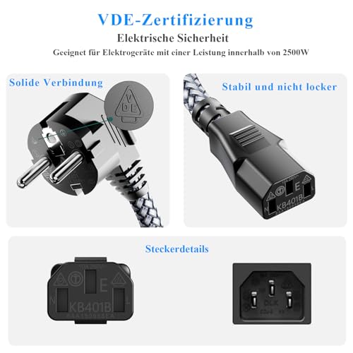 RIKSOIN kabel zasilający 3-biegunowy, kabel do urządzeń zimnych, 0,5 m, plecionka nylonowa, uniwersalny kabel zasilający (CEE 7/7 na IEC60320 C13) z VDE do monitorów, komputerów, drukarek, PS3/PS4 PRO