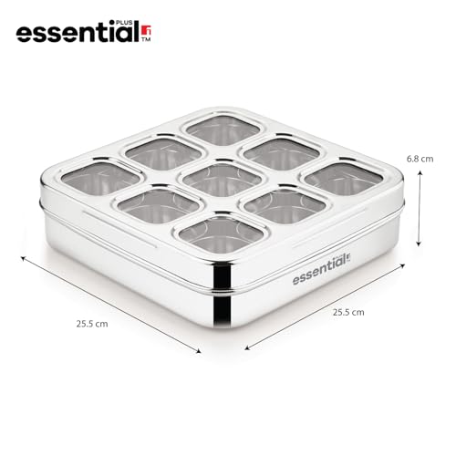Image of Essential Plus Stainless Steel Multi Use Box, 24cm (150ml), See Through Lid, 9 in 1 Masala Dabba / Spice Box for Kitchen, Square Shape Spice Organizer / Masala Dani with 9 Containers, Easy to Clean