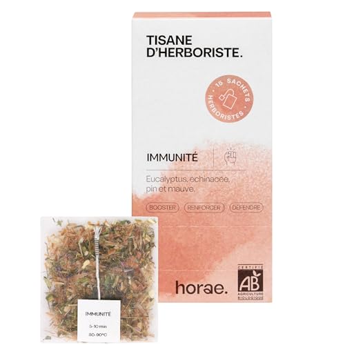 Horae - Tisane immunité bio 15 sachets - Infusion d'eucalyptus, échinacée, pin et mauve - Tisane bien-être pour renforcer vos défenses immunitaires - Tisane d'herboristes produite en France
