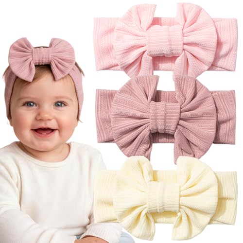 3 Stück Stirnband Baby Mädchen, Elastische Baby Haarband, Nylon Weiche Schleife Haarband Mädchen Turban Stirnband für Neugeborene, Kleinkinder