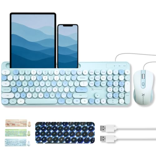 X9 Wired Keyboard and Mouse Combo with Backlight - Retro Typewriter Round Keycaps, Phone/Tablet Dock, 109 Fullsize Keys, Cute Colorful Blue Keyboard, Pastel Keyboard for Laptop, PC and Chromebook