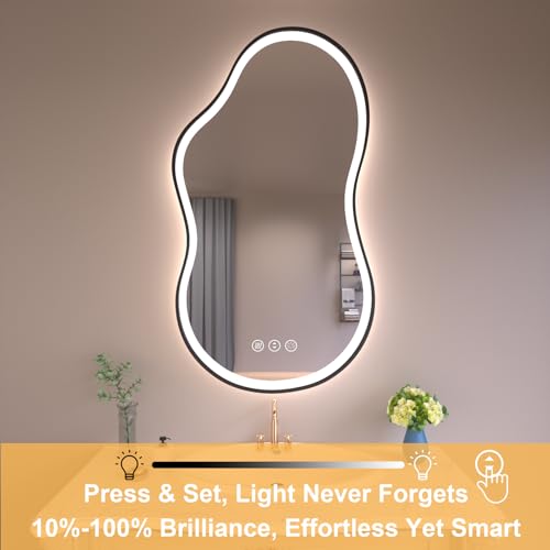 Image of WTTY LED Irregular Bathroom Mirror 20x36 Inch with Front & Back Lights - Asymmetrical Design, Anti-Fog, Dimmable 3 Color Temperatures, Shatterproof Glass, Horizontal or Vertical Mount (Black Frame)