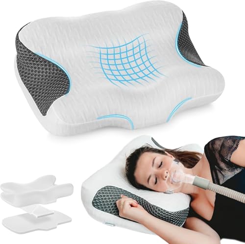 Elviros Cervical Neck CPAP Pillow for Sleeping, Ergonomic Adjustable Height & Firmness, Neck Support Memory Foam Bed Pillow with Sleep Apnea, Compatible with Masks, Ideal for Side & Back Sleepers