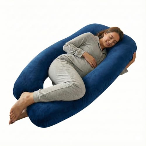 Image of Amazon Basics Velvet Full Body Pregnancy Pillow for Maternity,Baby Nursing,Full Body Support-|Perfect Baby Shower Gift|U-Shaped-Washable Cover with Zip - Navy Blue