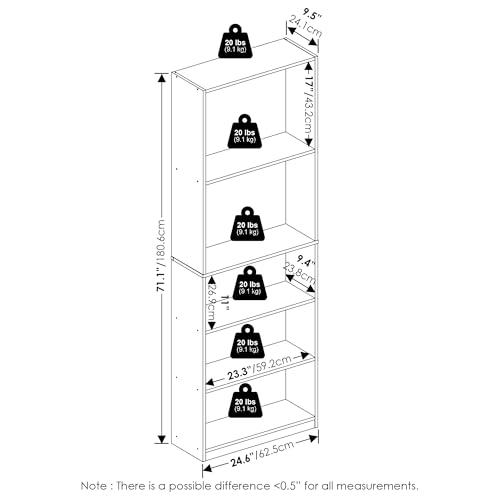 Image of Furinno Jaya Book Shelf, 5-Tier Tall Book Shelf, Bookcase with Open Shelving, Standing Bookshelf, 9.5 x 24.6 x 71.1, for Organization and Storage, for Home Office, Living Room, Amber Pine