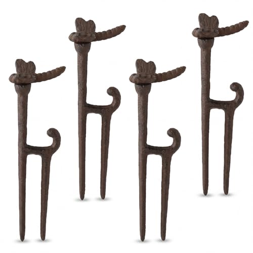 Shimeyao 4 Pack Garden Hose Guide Stakes Bulk 9.5 Rusty Dragonfly Garden Hose Guide Spike Decorative Cast Iron Stakes Holder Heavy Duty Metal Outdoor Nails Tool for Lawn Yard Patio Plant Protection