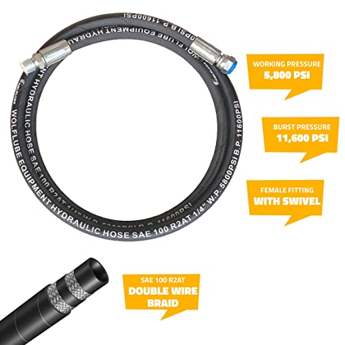 Wolflube Equipment Hydraulic Grease Hose - 1/4 inch SAE 100R2AT with Double Steel Wire Reinforcement - 10 feet Long with 1/4in NPT Male Fitting and Female with Swivel