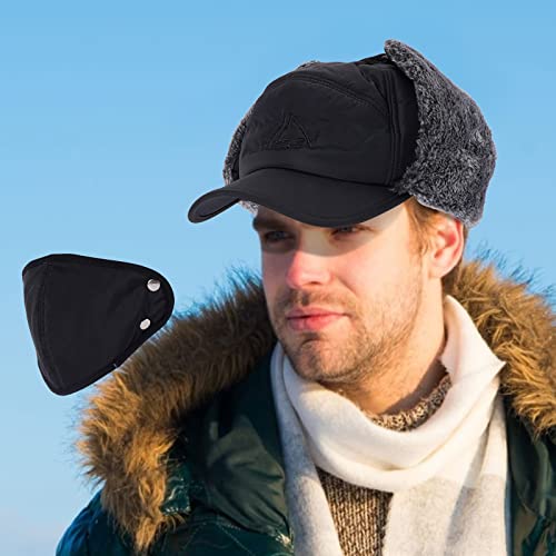 Men Trapper Hat Thermal Faux Fur Lined, Winter Windproof Bomber Hat With Ear Flaps And Removable Warm Mask, 3 In 1 Trooper Aviator Hat, Women Warm Cap For Outdoor Skiing Cycling Black #TOP5