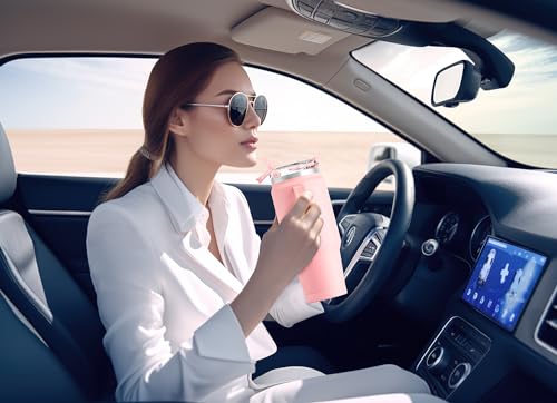 Image of Meoky 32 oz Tumbler with Handle, Insulated Tumbler with Lid and Straw, Stainless Steel Travel Mug, Keeps Cold for 24 Hours, 100% Leak Proof, Fits in Car Cup Holder (Blush)