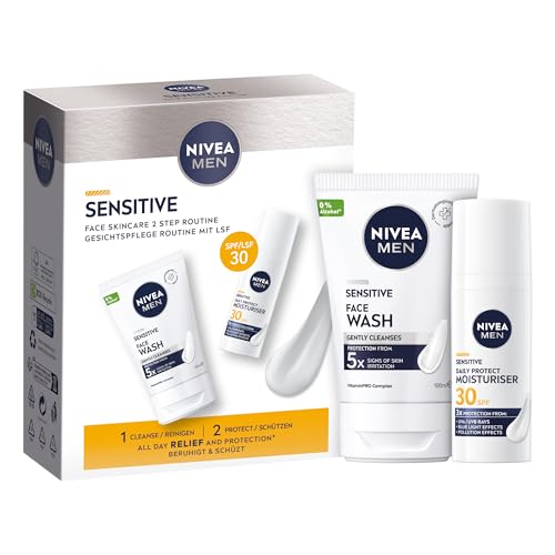 NIVEA MEN Sensitive Face Skincare Gift Pack (2 Products) Gift Set For Men Includes Face Wash (100ml) and Daily Moisturiser With SPF30 (50ml) Ideal For Sensitive Skin