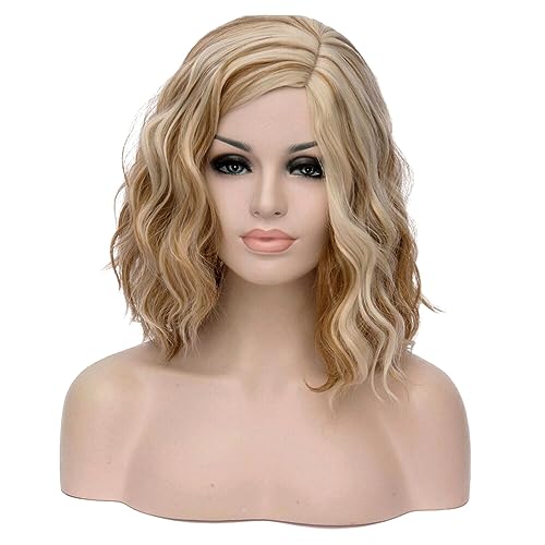 BERON 14" Women Girls Short Curly Bob Wavy Wig Body Wave Halloween Cosplay Daily Party Wigs (Blonde Brown)