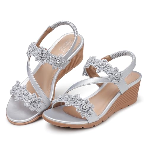 Image of SHIBEVER Wedge Sandals for Women Dressy: Summer Open Toe Low Platform Wedges Sandals Elastic Ankle Strap Flower Comfortable Casual Shoes