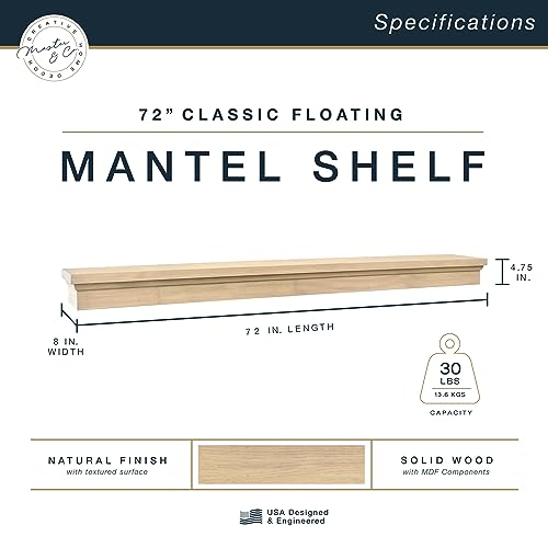 Image of MCS 72-Inch Mantel, Master & Co Natural Woodgrain Finish Solid Wood Floating Fireplace Mantel, Long Floating Shelf for Livingroom with Wood Cleat Hanging System, Photo and Home Decor Display Shelf