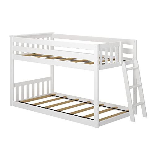 Max & Lily Low Bunk Bed, Twin-Over-Twin Bed Frame for Kids with Ladder on End, White