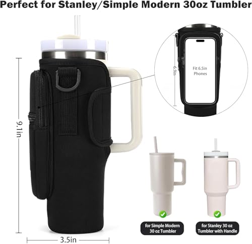 Image of House of Quirk Water Bottle Carrier Bag with Phone Pocket for Stanley 40 /30 oz Tumbler Neoprene Water Bottle Holder Pouch with Adjustable Strap (Black)