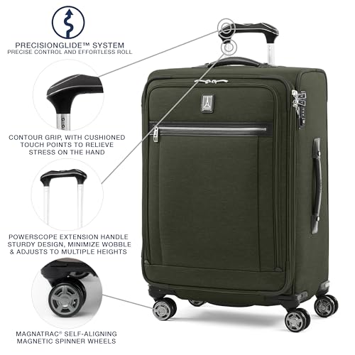 Image of Travelpro Platinum Elite Softside Expandable Checked Luggage, 8 Wheel Spinner Suitcase, TSA Lock, Men and Women, Pilot Green, Checked Medium 25-Inch