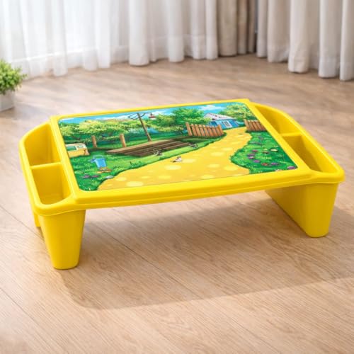 Image of Multipurpose Plastic Study Table with Side Storage - Kids Activity & Laptop Table with Elegant Scenery Print (Yellow)