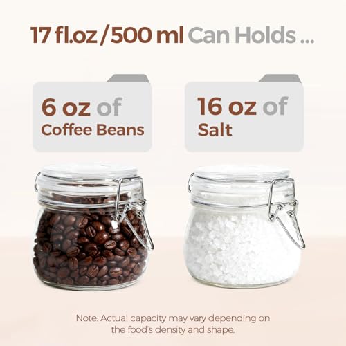ComSaf Airtight Glass Jars with Lids 17oz Small Food Storage Container Set of 6 - Airtight Canister with Clear Preserving Seal Wire Clip Fastening for Kitchen Canning Pickling Mason jars