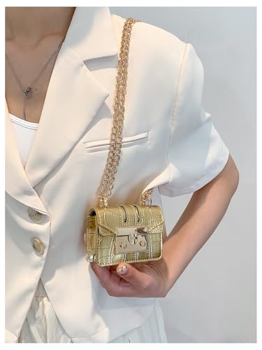 GORGLITTER Women's Mini Purse Crocodile Embossed Metallic Flap Clutch Square Handbags Mini Chain Bags3