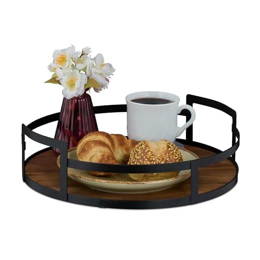 Relaxdays Tablett rund, Holz und Eisen, HxD 8,5x30,5 cm, Serviertablett, Griffe, hoher Rand, Dekotablett, braun/schwarz