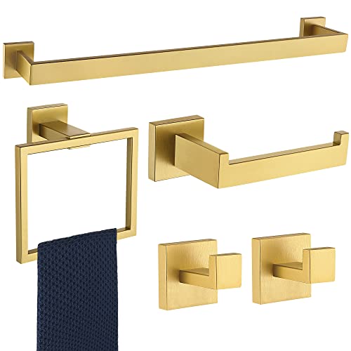 5 Pieces Bathroom Hardware Accessories Set Brushed Gold, 24Inch Bathroom Towel Rack Set SUS304 Stainless Steel, Square Bath Towel bar Set Wall Mounted, Heavy Duty