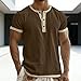 Mens Henley Linen Shirts Beach Casual Short Sleeve Button Up T-Shirt Color Block Summer Tops Husband Bf Bday Clothes Brown