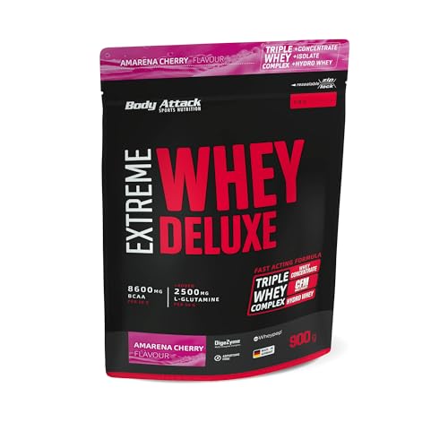 Body Attack Extreme Whey Deluxe - Amarena Cherry, 900g - Made in Germany - Eiweißpulver mit Aminosäuren, Triple-Complex, CFM Whey Isolate, fettarm, zuckerarm