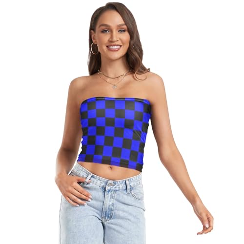 EtherSpher Buffalo Plaid Check Black Blue Sexy Women's Strapless Crop Tops Strapless Bra for Teen Nursing, Buffalo Plaid Check Black Blue, Large