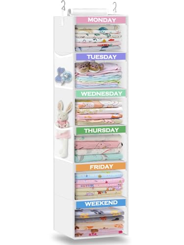 boailydi Weekly Clothes Organizer for Kids 6-Shelf Hanging Closet Organizer with Monday Through Friday Compartments & 2 Side Pockets – Space-Saving Clothes Storage for Children Closet Storage