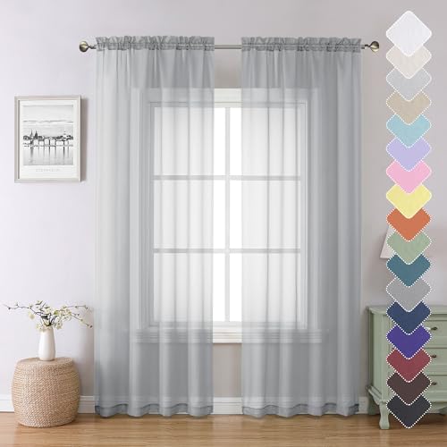 Lecloud Light Grey Sheer Curtains 84 Inch Length 2 Panels Balance Light & Privacy Dining Room/Bedroom/Living Room Window Silver Gray Curtain Dual Rod Pockets Solid Voile Drapes 40x84 Inches