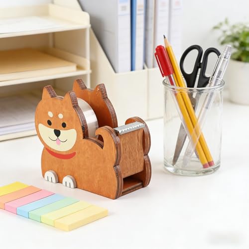 LdawyDE Klebebandabroller, Klebebandspender Holz, Shiba Inu Abroller Klebeband für Klebefilm bis 15-20 mm, Süße Klebestreifen Abroller für Kinder, Lustige Geschenke für Studenten und Kollegen, Braun