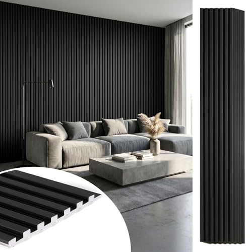 LARWORKS WPC Acoustic Slat Wall Panels 8-Pack 96 x 6 Accent 3D Wall Panel for Interior Wall Decor Waterproof Fluted Textured Panel Wall Slats Solid Black (Cover Approx.32 sq.ft)