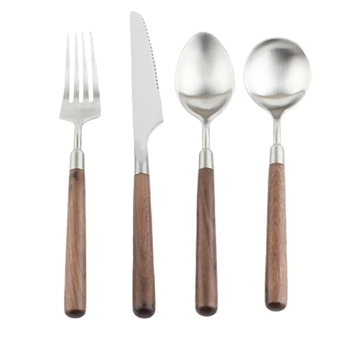 Silverware Flatware Cutlery Set, 4/16/24/32/40/48 Pcs Walnut Handle 304 Stainless Steel Steak Knife and Fork Restaurant Spoon Cutlery Knife and Fork Set.Silver-32 Pieces for 8 (SIL